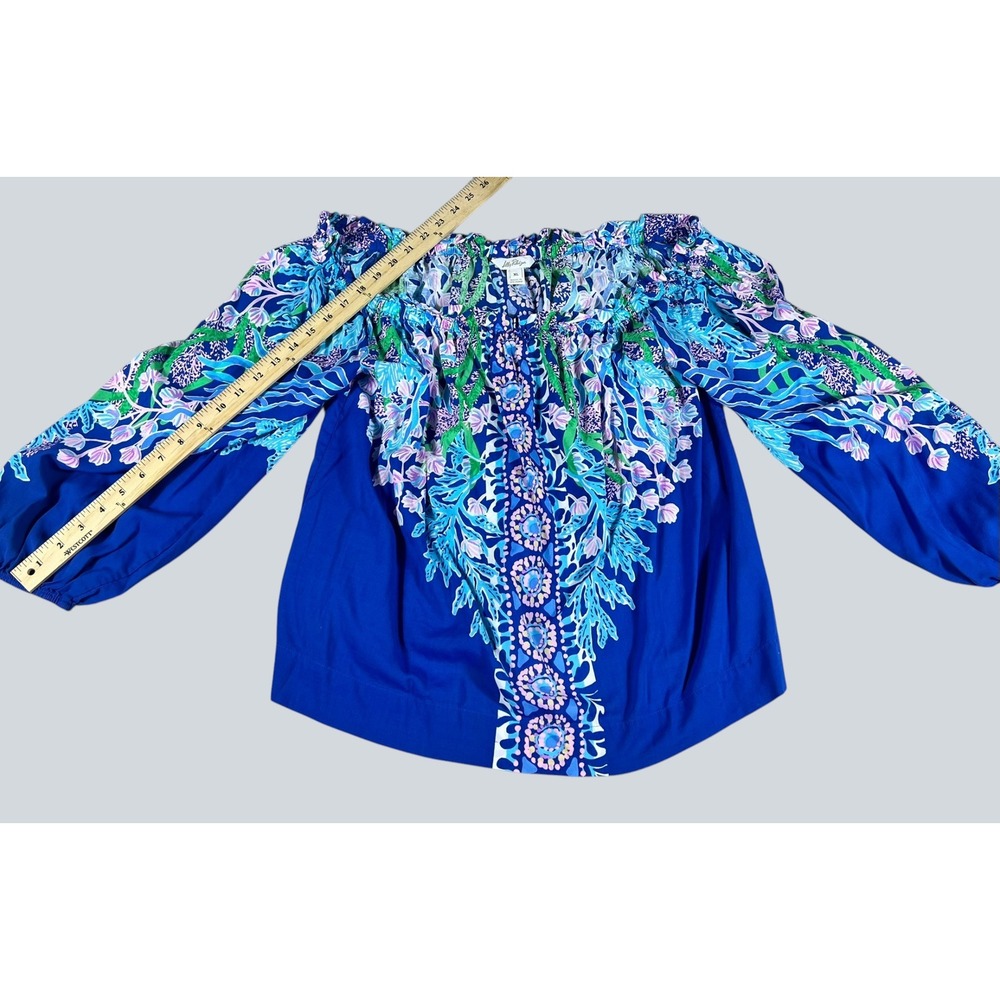 Lilly Pulitzer Womens Blue Floral Off The Shoulder Blouson Sleeve Blouse XL - Picture 5 of 12
